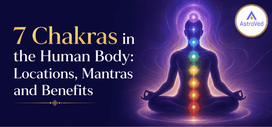Seven chakras in the human body showing their locations, colors, mantras, and benefits