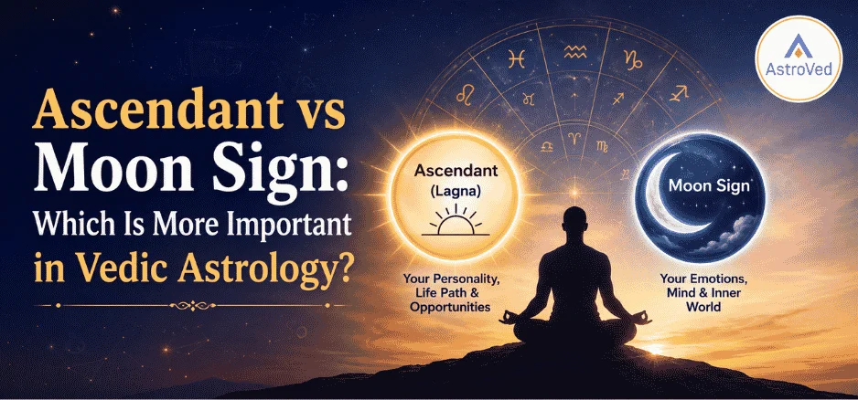 Ascendant vs Moon Sign in Vedic Astrology featuring a meditating person, zodiac wheel, sun, and moon representing Lagna and Moon Sign.