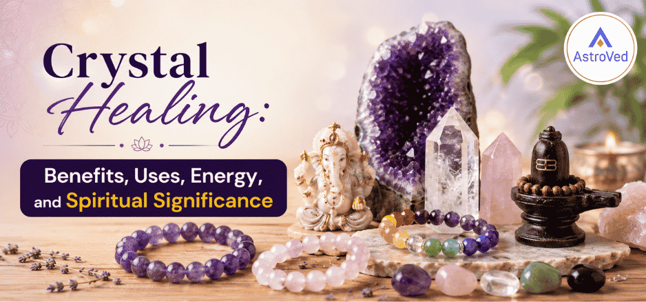 Crystal Healing banner featuring healing crystal bracelets, malas, polished gemstones, Clear Quartz, Rose Quartz, Amethyst, Lord Ganesha and Shiva Lingam statues, illustrating the benefits, uses, energy, and spiritual significance of crystals.