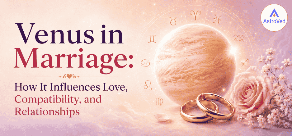 Venus in marriage astrology banner with wedding rings, roses, and zodiac symbols representing love, compatibility, and relationships.
